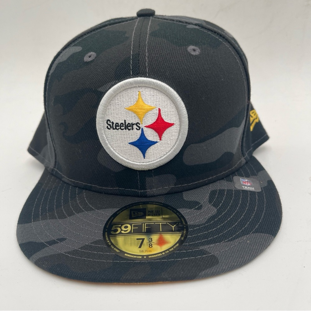 NEW ERA PITTSBURGH STEELERS MENS BLACK CAMO 59FIFTY FITTED HAT 7 3/8